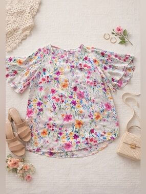 Andree by Unit Floral V Neck Blouse 1XL | Plus Size Boho Chic Resortwear